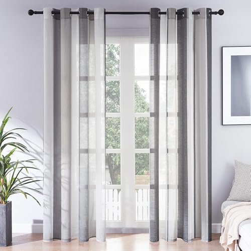 MRTREES Voile Gardinen Kurz Vorhang Halbtransparent Streifen Stores Schals mit Ösenschal Moderner Wohnstil Weiß+Grau 260×140cm (H×B) für Dekoration Kinderzimmer Wohnzimmer Schlafzimmer 2er-Set von MRTREES