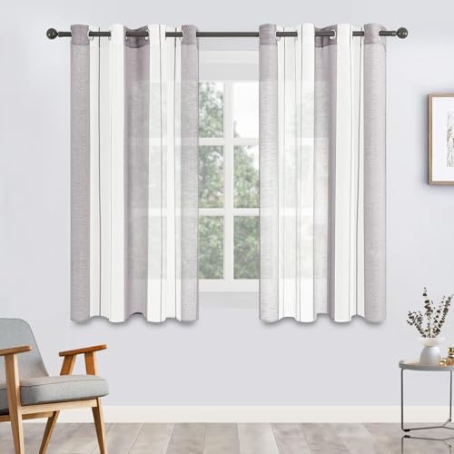 MRTREES Voile Gardinen Kurz Vorhang Halbtransparent Streifen Stores Schals mit Ösenschal Moderner Wohnstil Weiß+Grau 145×140cm (H×B) für Dekoration Kinderzimmer Wohnzimmer Schlafzimmer 2er-Set von MRTREES