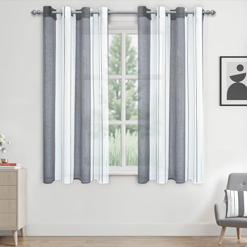 MRTREES Voile Gardinen Kurz Vorhang Halbtransparent Streifen Stores Schals mit Ösenschal Moderner Wohnstil Weiß+Grau 175×140cm (H×B) für Dekoration Kinderzimmer Wohnzimmer Schlafzimmer 2er-Set von MRTREES