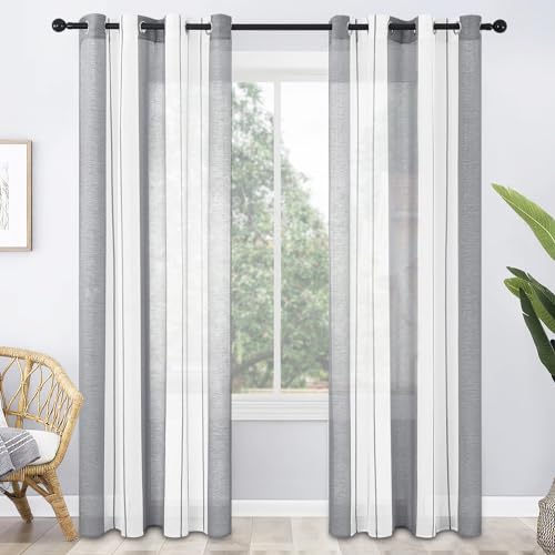 MRTREES Voile Gardinen Kurz Vorhang Halbtransparent Streifen Stores Schals mit Ösenschal Moderner Wohnstil Weiß+Grau 215×140cm (H×B) für Dekoration Kinderzimmer Wohnzimmer Schlafzimmer 2er-Set von MRTREES