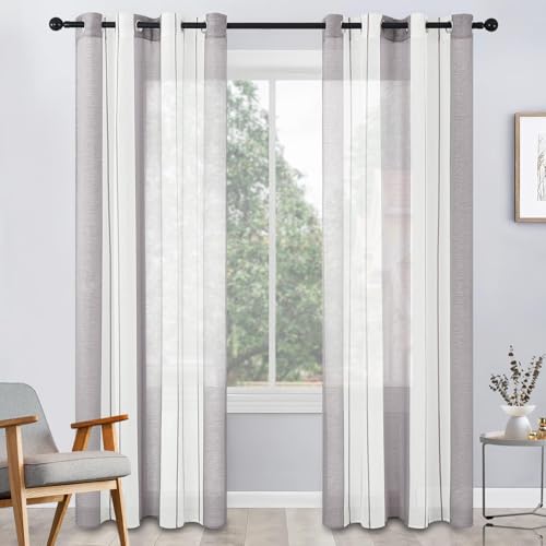 MRTREES Voile Gardinen Kurz Vorhang Halbtransparent Streifen Stores Schals mit Ösenschal Moderner Wohnstil Weiß+Grau 225×140cm (H×B) für Dekoration Kinderzimmer Wohnzimmer Schlafzimmer 2er-Set von MRTREES