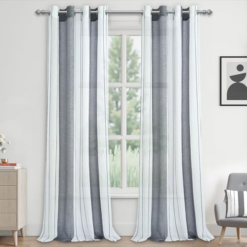 MRTREES Gardinen mit ösen, Voile Vorhänge Wohnzimmer Moderne Vorhang Weiß + Grau halbtransparent gestreift Vorhänge 260 × 140 cm (H x B) für Dekoration schals Gardine 2er Set von MRTREES