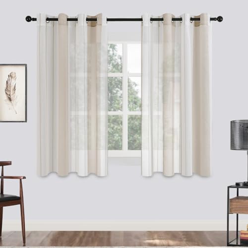 MRTREES Voile Gardinen Kurz Vorhang Halbtransparent Streifen Stores Schals mit Ösenschal Moderner Wohnstil Weiß+Khaki 122×140cm (H×B) für Dekoration Kinderzimmer Wohnzimmer Schlafzimmer 2er-Set von MRTREES