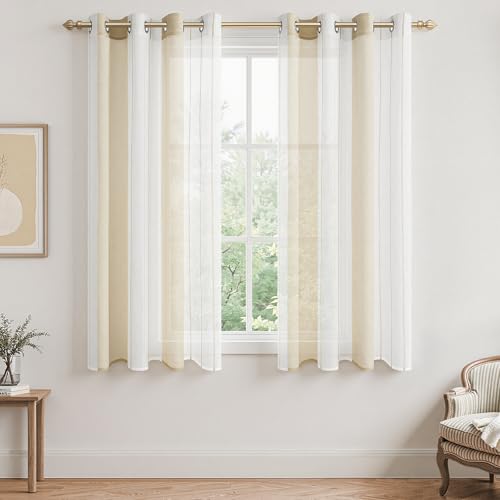 MRTREES Voile Gardinen Kurz Vorhang Halbtransparent Streifen Stores Schals mit Ösenschal Moderner Wohnstil Weiß+Khaki 160×140cm (H×B) für Dekoration Kinderzimmer Wohnzimmer Schlafzimmer 2er-Set von MRTREES