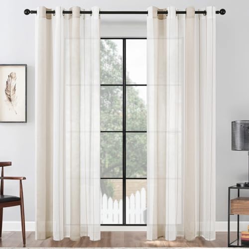 MRTREES Voile Gardinen Kurz Vorhang Halbtransparent Streifen Stores Schals mit Ösenschal Moderner Wohnstil Weiß+Khaki 260×140cm (H×B) für Dekoration Kinderzimmer Wohnzimmer Schlafzimmer 2er-Set von MRTREES