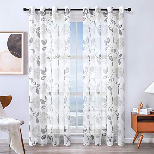 MRTREES Voile Gardinen Vorhang halbtransparent kurz Gardine Blumen Vorhänge Muster mit Ösen in Leinenoptik Grau 225×140 (H×B) Schlaufenschal 2er Set für Wohnzimmer Schlafzimmer Kinderzimmer von MRTREES