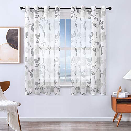 MRTREES Voile Gardinen Vorhang halbtransparent kurz Gardine Blumen Vorhänge Muster mit Ösen in Leinenoptik Grau 145×140 (H×B) Schlaufenschal 2er Set für Wohnzimmer Schlafzimmer Kinderzimmer von MRTREES