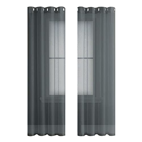 MRTREES Voile Gardinen Vorhang halbtransparent kurz mit Ösen in Leinenoptik Stores Gardinen Schals für Wohnzimmer Schlafzimmer Kinderzimmer Anthrazit 225×140cm (H×B) 2er Set von MRTREES