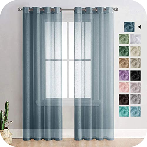 MRTREES Voile Gardinen Vorhang halbtransparent kurz mit Ösen in Leinenoptik Stores Gardinen Schals für Wohnzimmer Schlafzimmer Kinderzimmer Dunkelblau 225×140cm (H×B) 2er Set von MRTREES