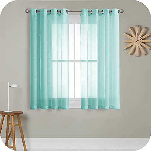 MRTREES Voile Gardinen Vorhang halbtransparent kurz mit Ösen in Leinenoptik Stores Gardinen Schals für Wohnzimmer Schlafzimmer Kinderzimmer Türkis 137×140cm (H×B) 2er Set von MRTREES