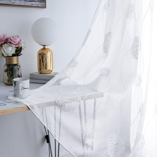 MRTREES Voile Vorhänge halbtransparent Vorhang kurz im Blumen Stickerei Modernen Wohnstil Sheer Gardinen Weiß 245×140cm (H × B) für Wohnzimmer Schlafzimmer Kinderzimmer 2er- Set von MRTREES