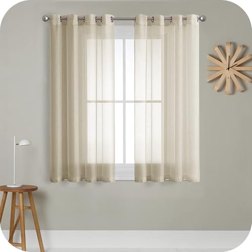 MRTREES Vorhänge Kurz mit Ösen Gardinen Transparent Beige 2er Set, 120 cm Lang 140 cm Breit, Kurze Fenster Gardine Durchsichtig Ösenvorhang für Schlafzimmer Wohnzimmer Küche von MRTREES