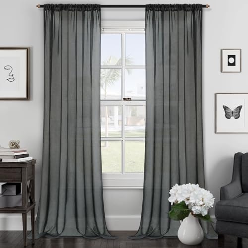 MRTREES vorhänge Schlafzimmer Anthrazit Gardinen mit Store Vorhang Voile halbtransparent in Leinenoptik Gardine Schals 225×140cm (H×B) 2er Set für Wohnzimmer Schlafzimmer Kinderzimmer küchenfenster von MRTREES