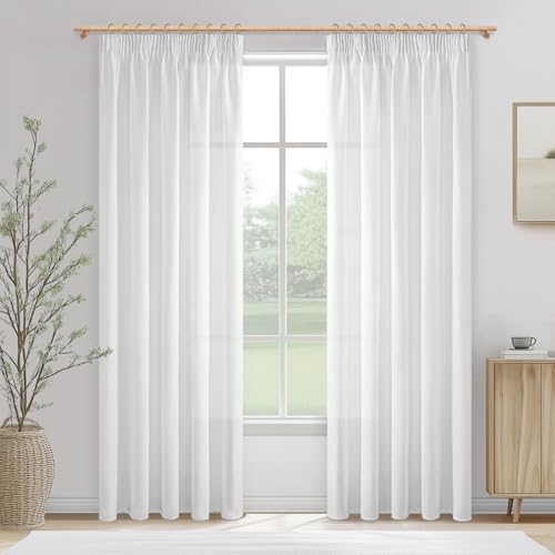 MRTREES Vorhänge mit Kräuselband Weiss Leinenoptik Halbtransparent für Schlafzimmer 2er Set, Weiße Gardinen Leinen 240 cm Lang 140 cm Breit, Vorhang Wohnzimmer Fenster Curtains Living Room von MRTREES