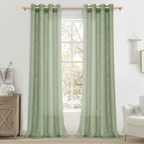MRTREES Vorhänge mit Ösen Leinenoptik für Wohnzimmer Schlafzimmer Vorhang Salbeigrün Halbtransparent Fenster Gardinenschals 2er Set 245 cm Lang 140 cm Breit Curtains Living Room von MRTREES