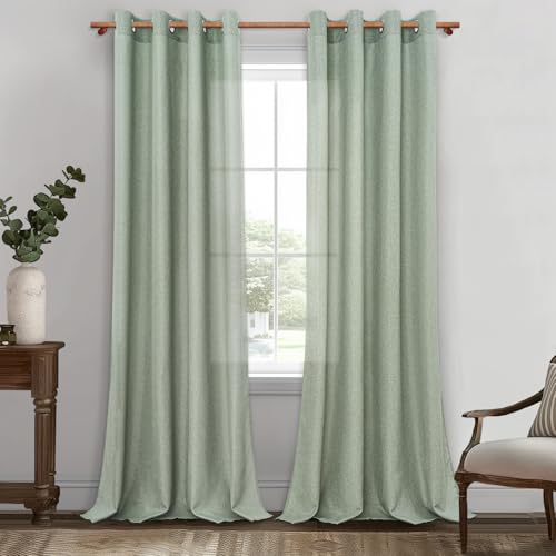 MRTREES Vorhänge mit Ösen Salbeigrün Leinenoptik Halbtransparent für Schlafzimmer 2er Set, Gardinen Schal Leinen 245 cm Lang 140 cm Breit, Vorhang Wohnzimmer Fenster Curtains Living Room von MRTREES