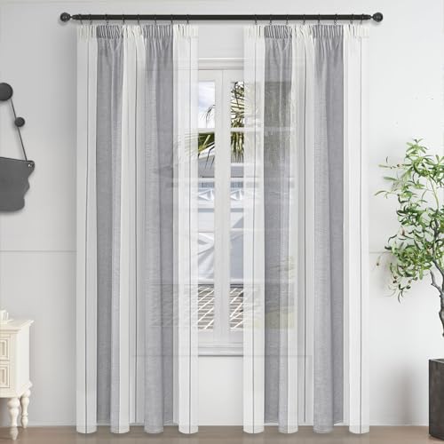 MRTREES Vorhang Kräuselband Gardinen Leinenoptik Durchsichtig Streifen Vorhang 2er Set 240x140 cm Transparent Gardinen von MRTREES