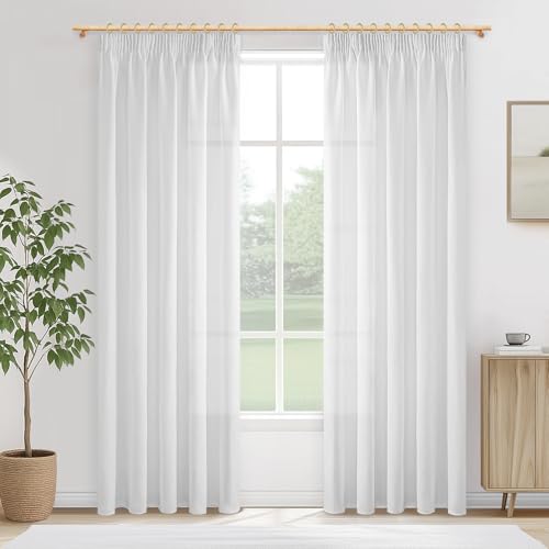 MRTREES Vorhang Leinenoptik mit Kräuselband Weiss Halbtransparent Schlafzimmer Gardinen und Vorhänge Weiß Wohnzimmer Modern Curtains Living Room 2er Set 200 cm Lang 140 cm Breit von MRTREES