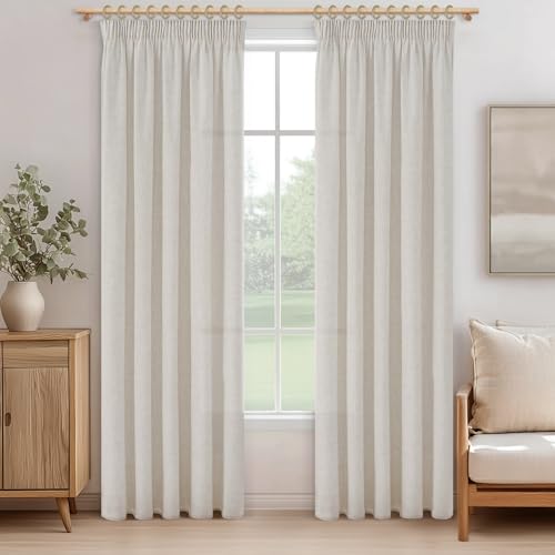 MRTREES Vorhang mit Kräuselband Leinenoptik Halbtransparent Elfenbeinweiß für Kinderzimmer, Gardinen Leinen Landhausstil 245 cm Lang 140 cm Breit für Wohnzimmer Schlafzimmer 2er Set von MRTREES