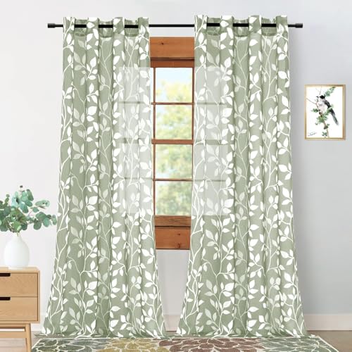 MRTREES Vorhang mit Ösen Graugrün Durchsichtig Gardinen Voile mit Muster Weißen Blätterdrucken 2er Set, 240 cm Lang, 140 cm Breit, Vorhänge Wohnzimmer Schlafzimmer Kinderzimmer Curtains for Bedroom von MRTREES