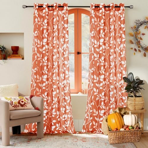 MRTREES Vorhang mit Ösen Orangerot Durchsichtig Gardinen Voile mit Muster Weißen Blätterdrucken 2er Set, 240 cm Lang, 140 cm Breit, Vorhänge Wohnzimmer Schlafzimmer Curtains for Bedroom von MRTREES