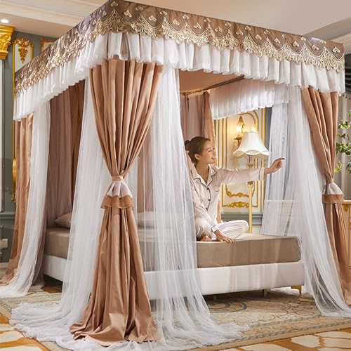 MRVAKDYDI Bettvorhang Hängendes Bettnetz, 4 Ecken Post Baldachin Bett Vorhang Doppelschicht Spitze Stickerei Multicolor Mehrere Größen(Brown,Double) von MRVAKDYDI