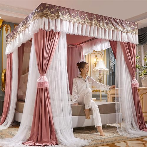 MRVAKDYDI Bettvorhang Hängendes Bettnetz, 4 Ecken Post Baldachin Bett Vorhang Doppelschicht Spitze Stickerei Multicolor Mehrere Größen(Pink a,Double) von MRVAKDYDI