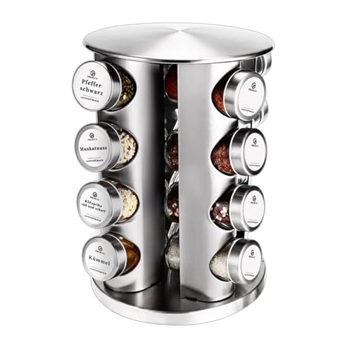 SIAZIH Gewürzregal Drehbar(360°), Spice Rack mit 16 Hochtransparentes Glas Gewürzgläser, Gewürzständer mit 30 DIY-Tiketten, Gewurzregalsystem, Handliches Werkzeug zum Würzen am Esstisch von SIAZIH