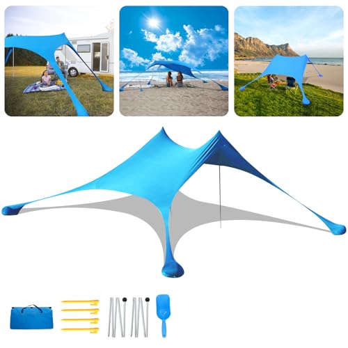 Sonnensegel Strand,2.1m X 2.1m，12% Lycra Stoff Beach Sun Protection, BlöCke 98% UV Strahlen, Kommt Mit 2 Aluminiumstangen, Handtasche und Sandschaufel, Geeignet für Strandcampingausflüge von MRWiZMS