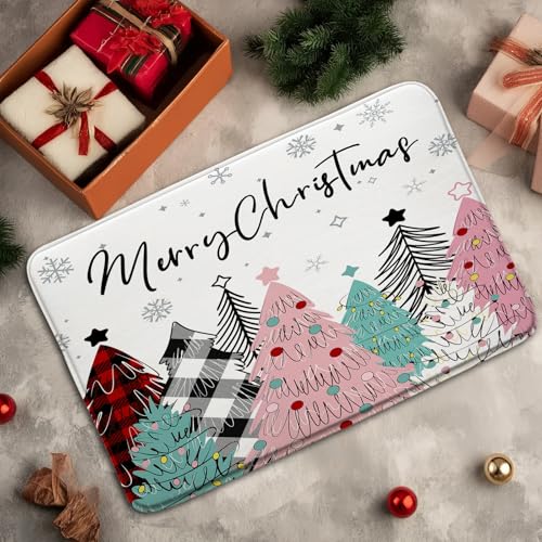 MSAYNFG Badematte mit Aufschrift "Merry Christmas", Motiv: Weihnachtsbäume, niedlicher Winter, Schneeflocke, Büffel, kariert, Badezimmer, Badewanne, Bodenbereich, Teppich, Fußmatte, WC-Dekor (45,7 x von MSAYNFG