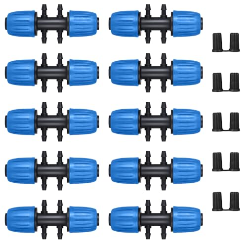 10 Stück Gartenbewässerung Barbed Tee Anschluss, 1/2 Zoll bis 4 -Wege 1/4 Zoll Bewässerungsrohr Anti-Drop-Qualitätsfitting Gartenbewässerung Wasser Divider mit 10 Pcs 1/4 Zoll Barb Plug Cap(Blau) von MSDADA