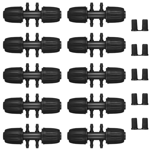 10 Stück Gartenbewässerung Barbed Tee Anschluss, 1/2 Zoll bis 4 -Wege 1/4 Zoll Bewässerungsrohr Anti-Drop-Qualitätsfitting Gartenbewässerung Wasser Divider mit 10 Pcs 1/4 Zoll Barb Plug Cap(Schwarz) von MSDADA