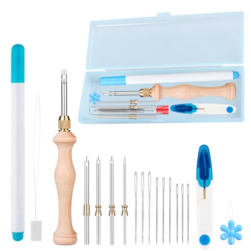 18 Stück Stickerei Starter Kit Punch Needle Kit, 2 Nadelfädler, 1 Einstellbare Stickstift aus Holzgriff mit 5 Stanzna der Größe für Handwerk Stitching Applique-Verzierungen Anfänger von MSDADA