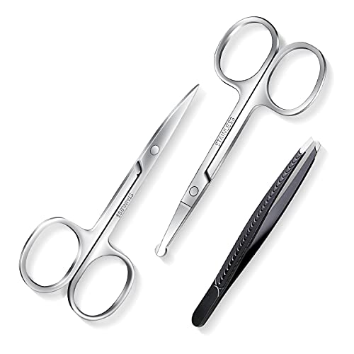 2 Stück Bartschere Nasenhaarschere Augenbrauenschere Set, Profi Nagelschere mit Pinzette inkl Wimpern Augenbrauen Trimmer Edelstahl Schere Set mit fein gebogener Schnittfläche für Männer Frauen von MSDADA