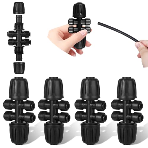 4 Stück Gartenbewässerung Tee Anschluss, 1/2 Zoll bis 4 -Wege 1/4 Zoll 6-Wege Bewässerungsrohr Anti-Drop-Qualitätsfitting Gartenbewässerung Wasser Divider für Garten, Rasen, Schwarz von MSDADA