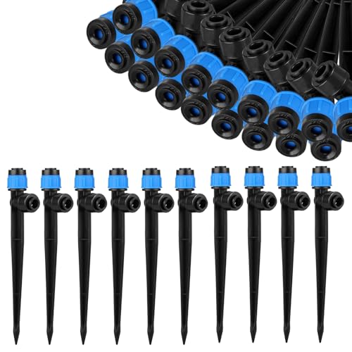 60 Stücke 360 Grad Einstellbare Bewässerung Sprinkler, Garten Bewässerung Tropfer mit Pfahl & Micro Drip Rohrhalter Tropfbewässerungsstrahler for 6,35 mm Schlauch Gewächshaus, Topfpflanzen, Blau von MSDADA