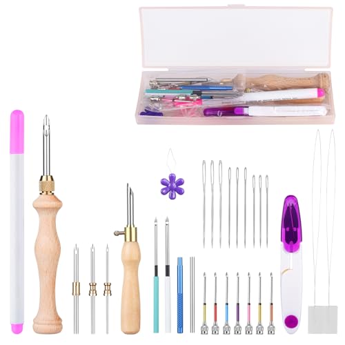 30 Stück Stickerei Starter kit, Stickgarnituren Verstellbare Garnstanznadel Punch Needle, Stickstift aus Holzgriff, Nadelfädler, für Handwerk Stitching Applique-Verzierungen Anfänger von MSDADA
