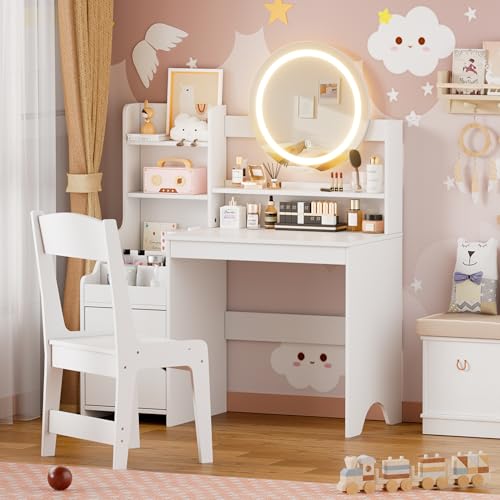 2 in 1 Schminktisch Kinder Set, Kinderschminktisch Prinzessin Frisiertisch mit Hocker, LED-Spiegel & Stauraum Schrank, Frisierkommode Mädchen Holz ab 5 mit offenen Fächern (Weiß) von MSFE