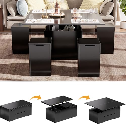Couchtisch Umwandelbar in Wohnzimmer-Esstisch, 4 in 1 Couchtisch Höhenverstellbar, Multifunktions-Wohnzimmertisch mit Schublade & verstecktem Fach, Sofatisch Kaffeetisch Esstisch mit 4 Hockern,Schwarz von MSFE