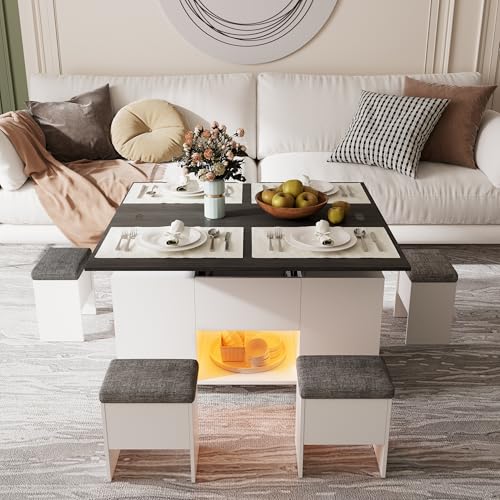 Couchtisch Umwandelbar in Wohnzimmer-Esstisch 4 in 1 Multifunktions-Wohnzimmertisch mit Stauraum & 4 Hockern Couchtisch Höhenverstellbar mit LED-Beleuchtung & Geräuscharmes Universalrad, Grau+Weiß von MSFE
