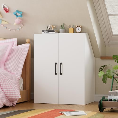 Dachschrägenregal mit 2 Türen Dachschrägenschrank 100x 80x 51.5CM Kleiderschrank mit schräger Wand im Dachgeschoss-Schlafzimmer Bücherregal Weiß in Holz 4-Tier Regal mit 2 Türen für Dachschrägen (A) von MSFE