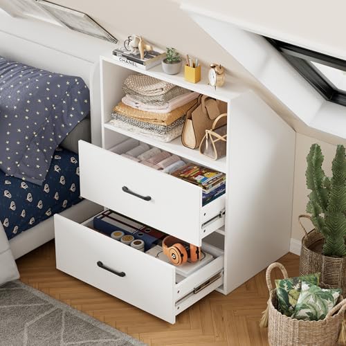 Dachschrägenregal mit 2 Türen Dachschrägenschrank 100x 80x 51.5CM Kleiderschrank mit schräger Wand im Dachgeschoss-Schlafzimmer Bücherregal Weiß in Holz 4-Tier Regal mit 2 Türen für Dachschrägen (B) von MSFE