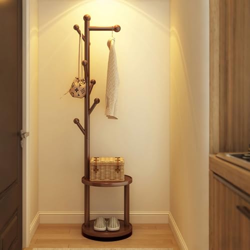Drehbarer Jackenständer Garderobenständer aus Massivholz 187CM Modern Kleiderbügel Stand mit 7 Haken und 2 Ablage Freistehender Stabiler Baumförmige Garderobe für Flur, Schlafzimmer, bis zu 100KG von MSFE