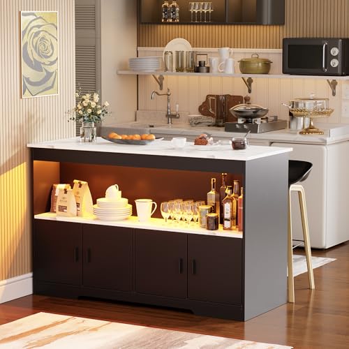 Kücheninsel mit Arbeitsplatte, Bartisch mit Stauraum & LED-Beleuchtung Küchenschrank 110CM Breit Buffetschrank Küche Moderne Kücheninsel Freistehend Kücheninselschrank für Esszimmer Zuhause Küche von MSFE