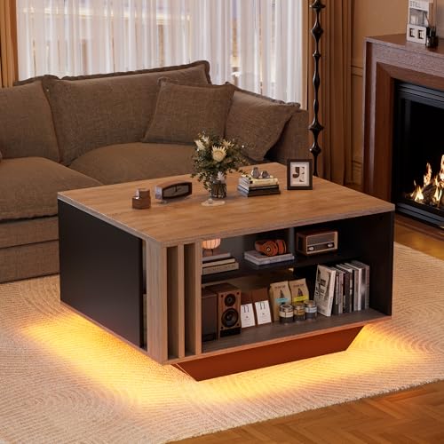 MSFE Couchtisch LED, Moderner Wohnzimmertisch mit Stauraum, Modern Tisch Wohnzimmer mit Lamellas, 80 × 60 × 45cm, Sofa Tisch, Wohnzimmertisch für Wohnzimmer/Esszimmer, Wohnzimmermöbel von MSFE