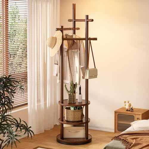 MSFE Drehbare Garderobenständer, Freistehender Kleiderständer aus holz mit 3 Kleiderstangen,3 Runde Ablagen, Garderobenständer mit schuhablage,Coat Rack für Kleidung, Hut, Tasche, Platz sparen von MSFE