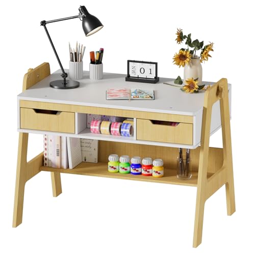 MSFE Kinderschreibtisch Höhenverstellbar,Neigungsverstellbar, Multifunktionaler Kinderlerntisch mit 2 Schubladen,1 Ablagefach,1 Unteres Regal,schöner Schülerschreibtisch,75.3x63x95cm von MSFE