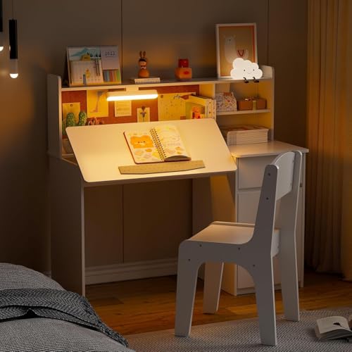 MSFE Kinderschreibtisch Set, Schreibtisch Kinder mit Dreifarbiger Lampe & Neigbarer Tischplatte, Jugendschreibtisch Multifunktionaler mit Ablageflächen und Pinnwand, Kinder Tisch Stuhl Set MSFE Kinderschreibtisch Set, Schreibtisch Kinder mit Dreifarbiger Lampe & Neigbarer Tischplatte, Jugendschreibtisch Multifunktionaler mit Ablageflächen und Pinnwand, Kinder Tisch Stuhl Set von MSFE