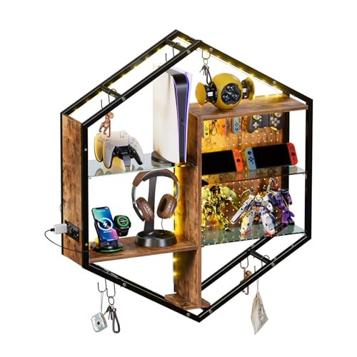 MSFE Gaming Schwebende Regale mit RGB Mehrfarbig LED, Wandregal Gaming-Regale mit 2 Verstellbare Glastrennwände, Ladestation, Stecktafel, Hexagon Schweberegale mit Kopfhöreraufhängung, 89*100*20cm von MSFE