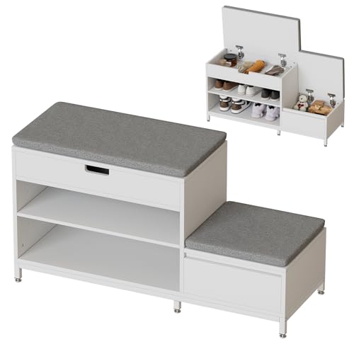 Schuhbank mit Sitzfläche Schuhregal mit Klappdeckel und gepolstertem Sitz Schuhbank 2 Ebenen Schuhregal Bank mit Stauraum, bis 120KG belastbar, für Eingang, Wohnzimmer, Flur 100*35*53.3CM, Weiß von MSFE